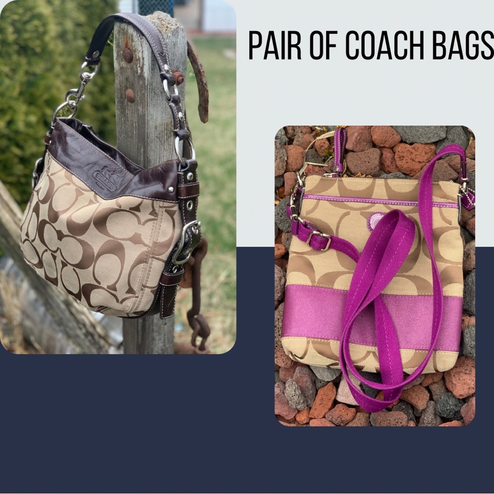 Pair of Coach Signature Canvas Purses Zoe Hobo & Purple Stripe Crossbody